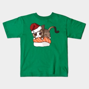 Brown Stripped Cat Salmon Sushi Christmas Kids T-Shirt